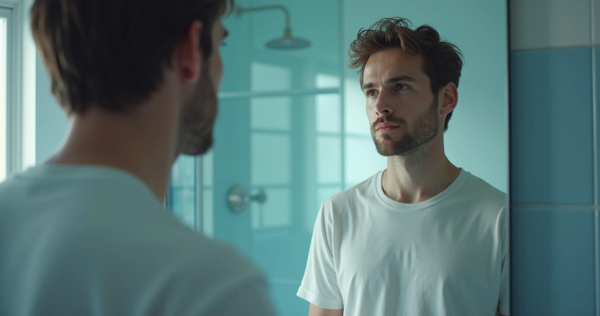 Homem olhando seu próprio reflexo no espelho