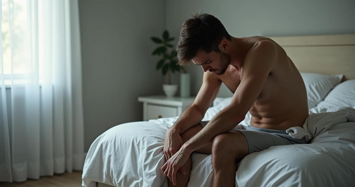 Homem sentado à beira da cama olhando para baixo com expressão introspectiva 