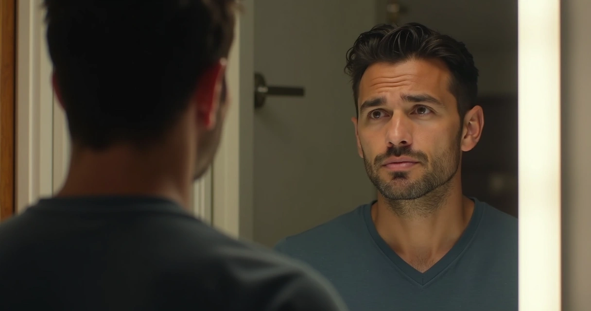 Homem olhando seu próprio reflexo no espelho 