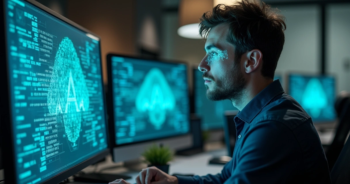 Homem observa tela com gráficos de IA e reflexo digital no rosto. 