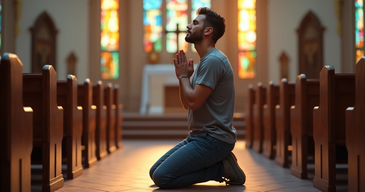 Homem em oração ajoelhado em banco de igreja iluminada por luz natural 