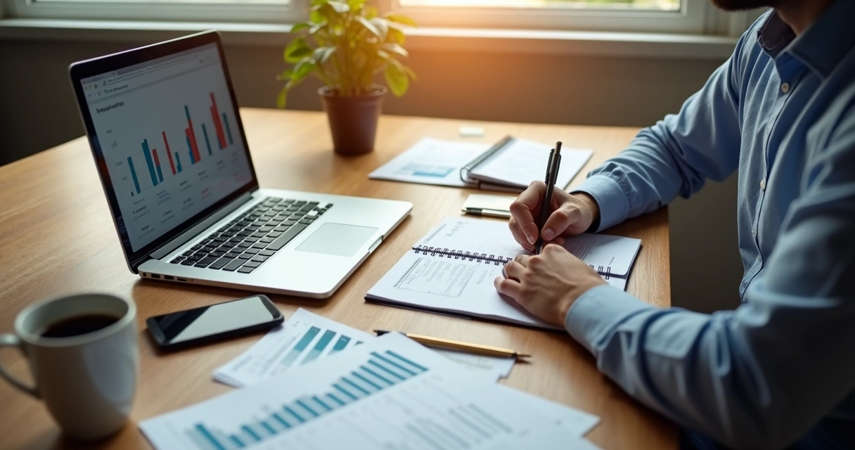 Homem organizando finanças em mesa com laptop, caderno e planilhas de orçamento 
