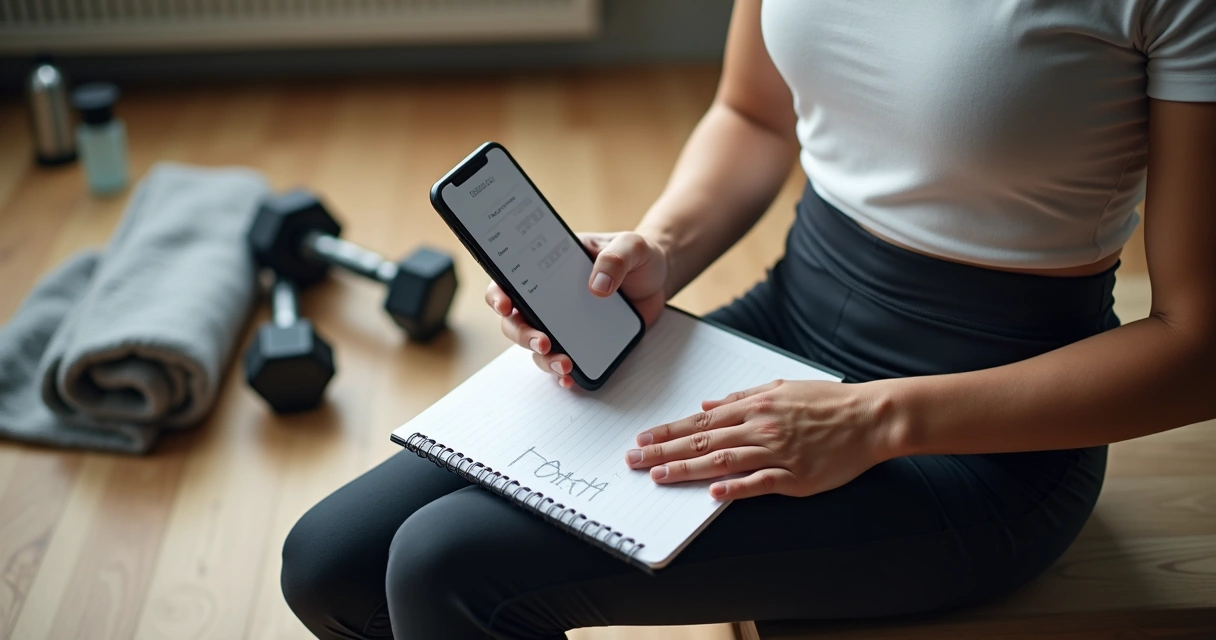Pessoa organizando um treino com anotações e celular 
