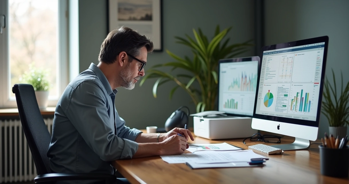Homem analisando documentos financeiros no computador 