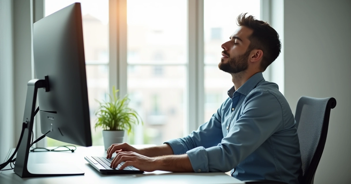 Homem sentado em frente ao computador, olhos fechados, respirando fundo e afastado levemente da tela. 