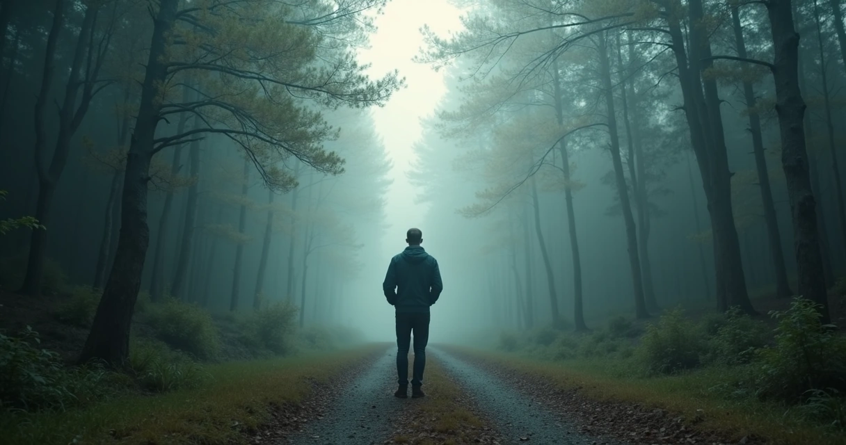 Homem pensativo parado diante de caminho na floresta coberta por neblina. 