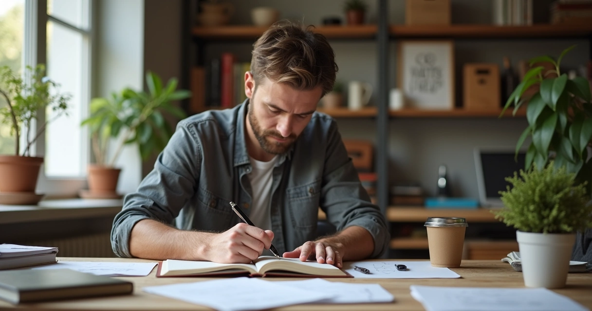 Homem com caderno e caneta refletindo sobre anotações numa mesa de trabalho