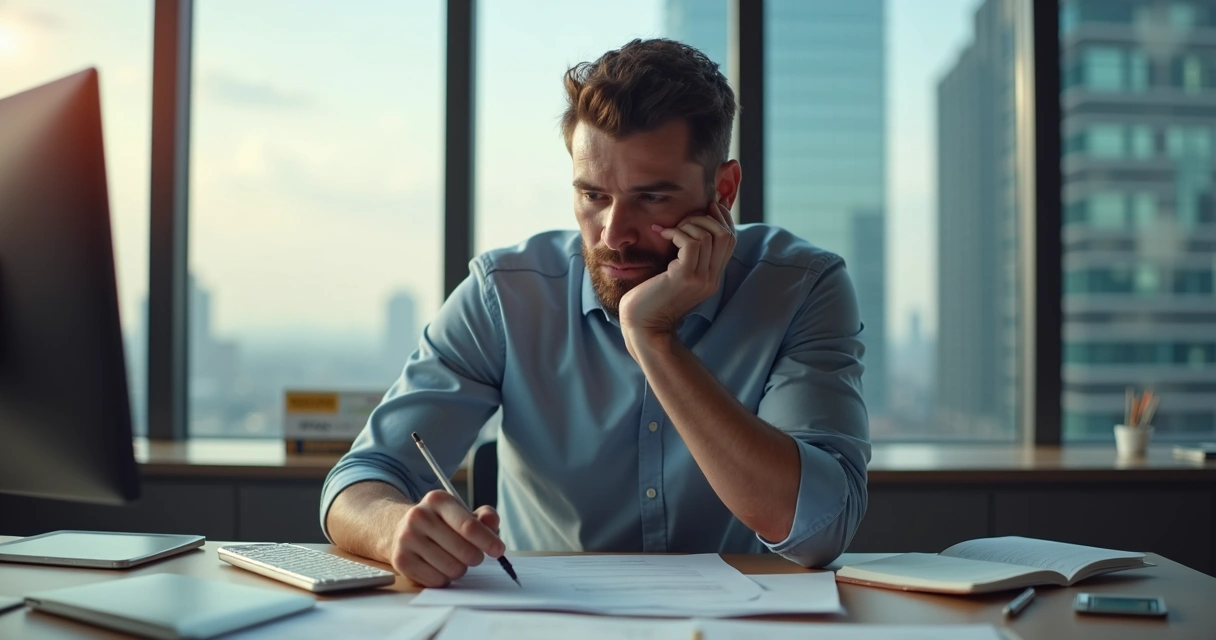 Homem pensativo em ambiente de trabalho