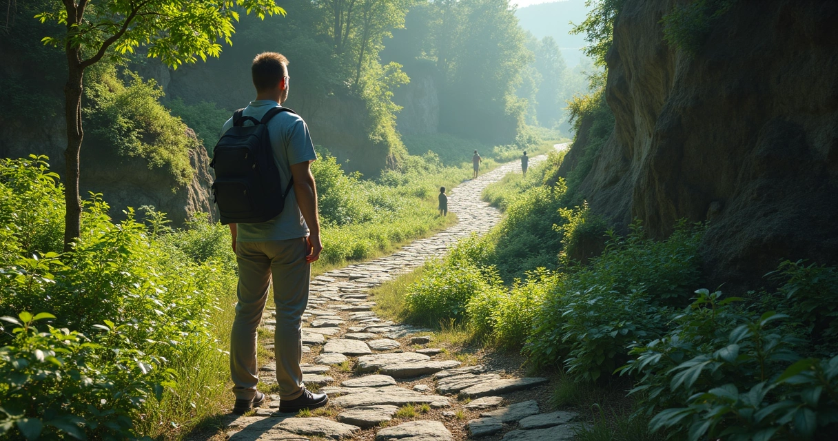 Homem parado refletindo em uma trilha de pedras em meio à natureza, indeciso sobre qual caminho seguir 