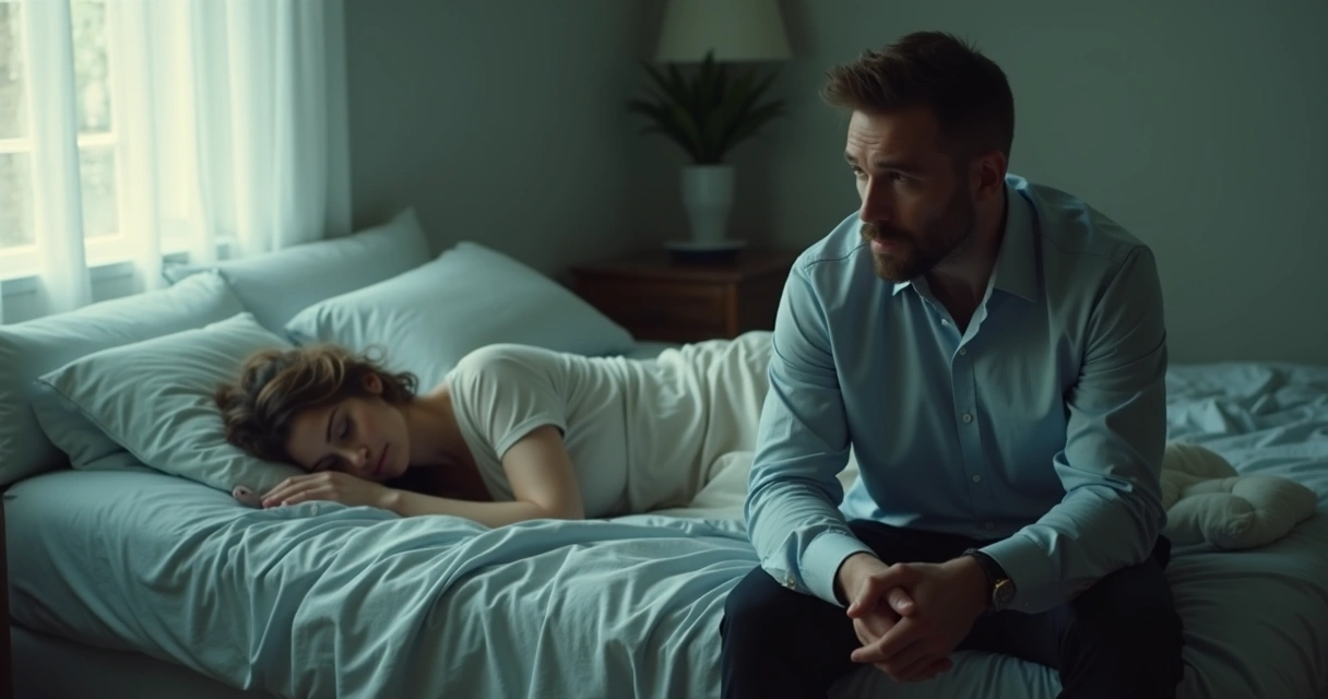Homem pensativo sentado na beira da cama enquanto parceira está deitada atrás