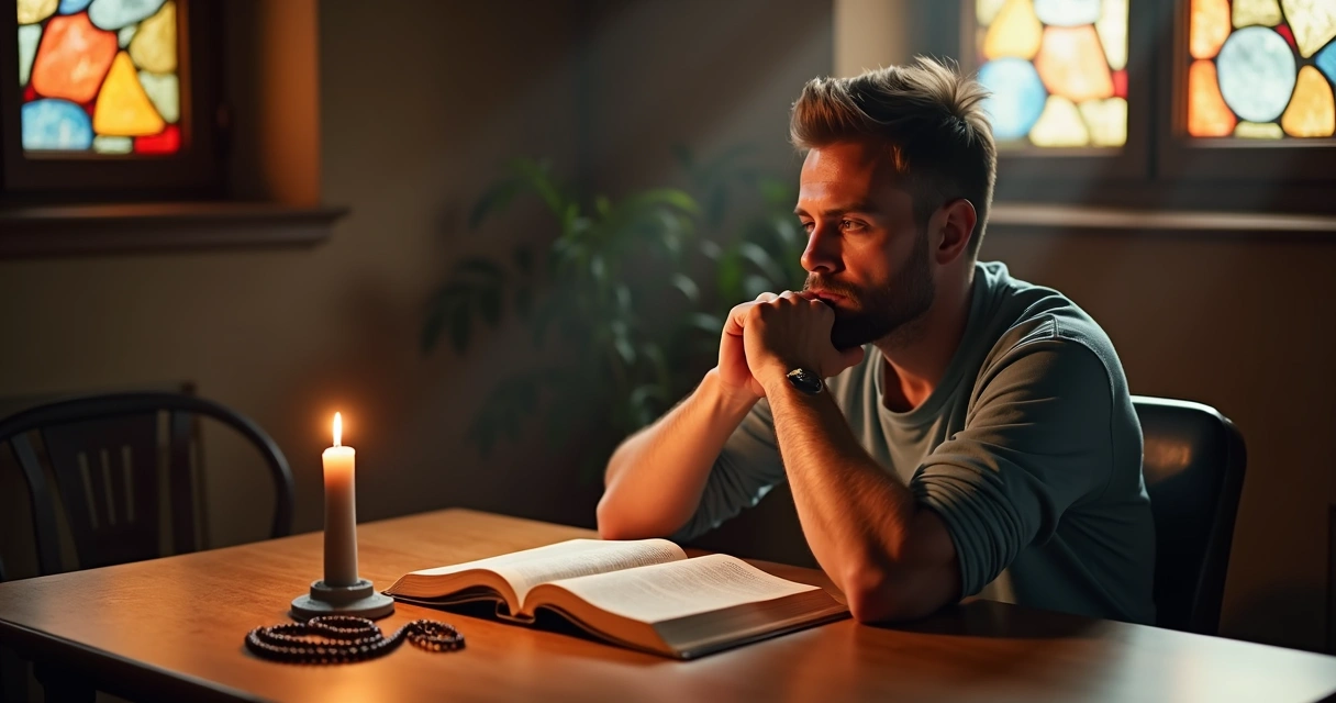Homem lendo a Bíblia cuidadosamente em ambiente calmo e iluminado 