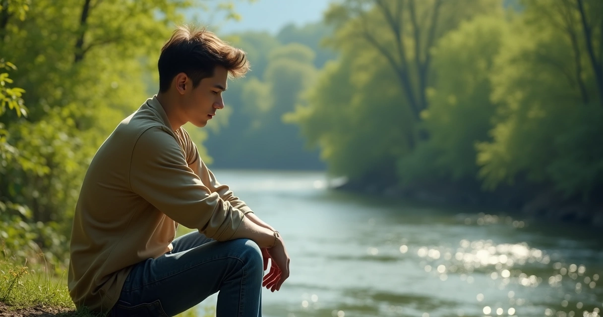 Homem sentado na natureza olhando para baixo, expressão pensativa
