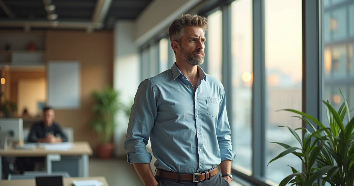 Empreendedor olhando para janela, pensativo, com ambiente de escritório ao fundo 