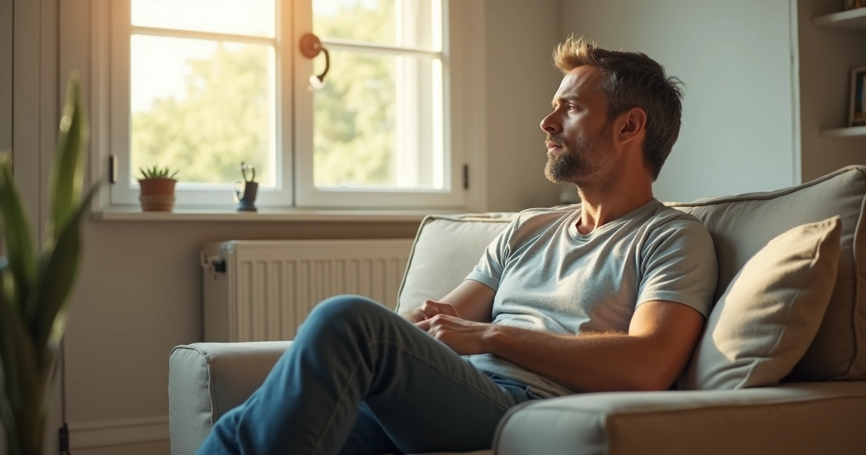 Homem pensando profundamente sentado em sala iluminada
