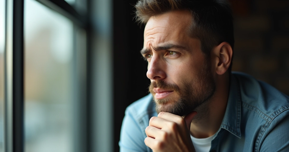 Homem pensativo olhando pela janela durante o dia