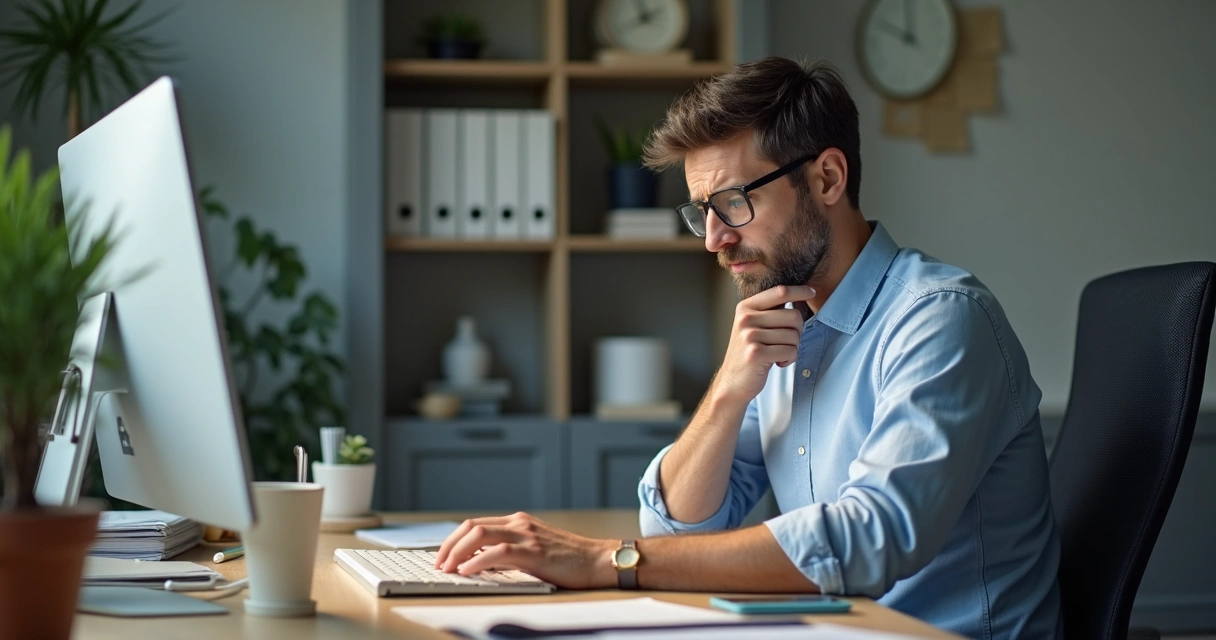 Homem pensativo sentado no trabalho 