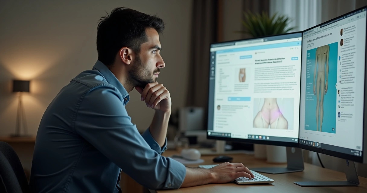 Homem sentado em frente ao computador pesquisando métodos para aumento peniano, luz suave ambiente