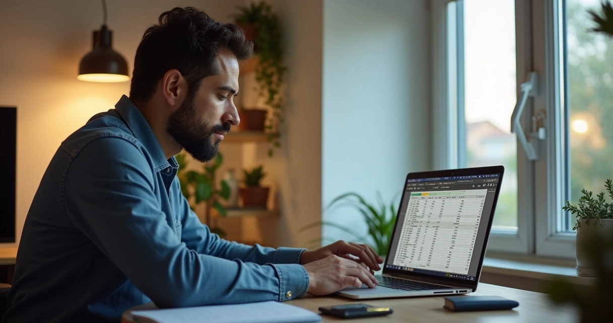 Homem brasileiro usando notebook para planejar mudança internacional 