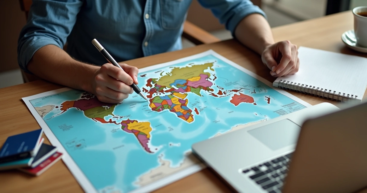 Homem planejando viagem internacional com cartões de crédito 