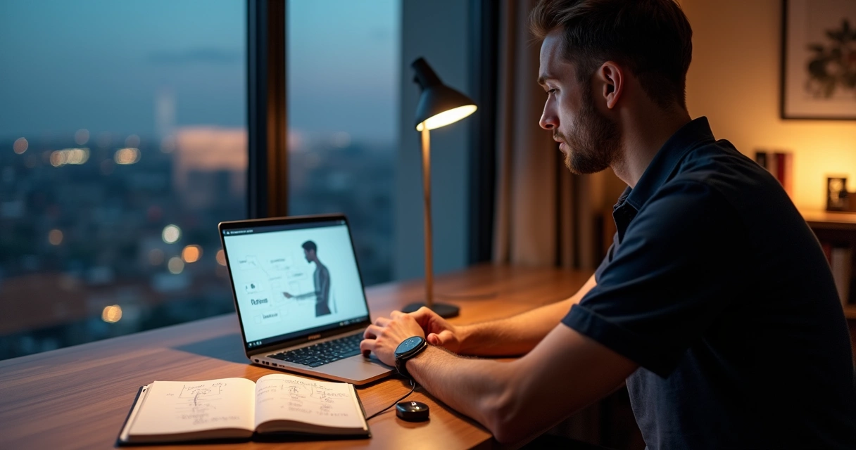 Homem analisando plano de tratamento clínico em notebook com anotações discretas 