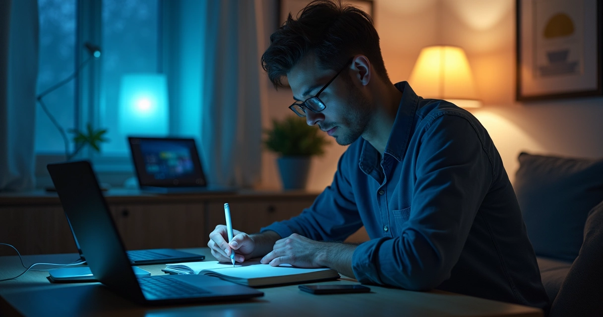 Homem moderno escrevendo poesia entre aparelhos eletrônicos 
