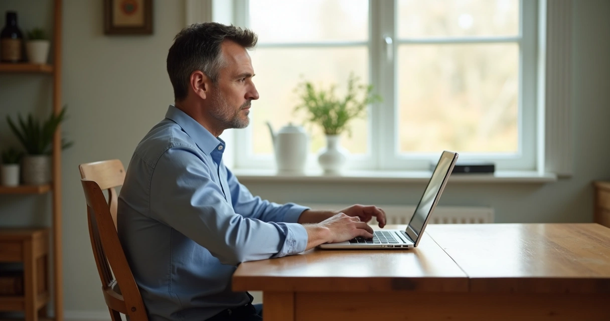 Homem sentado à mesa com postura reta e ombros relaxados 