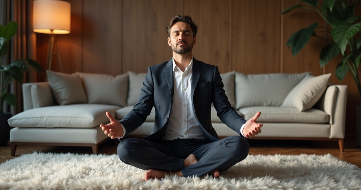 Homem sentado com olhos fechados realizando exercício respiratório em ambiente elegante 