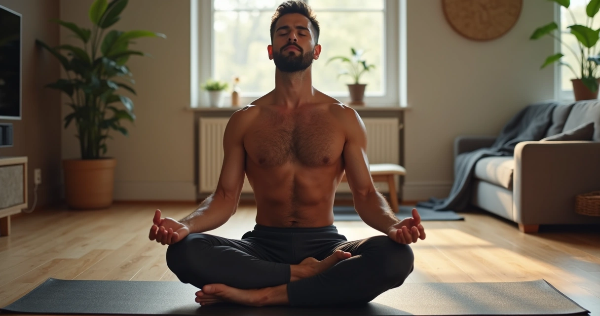 Homem sentado com olhos fechados praticando respiração profunda 