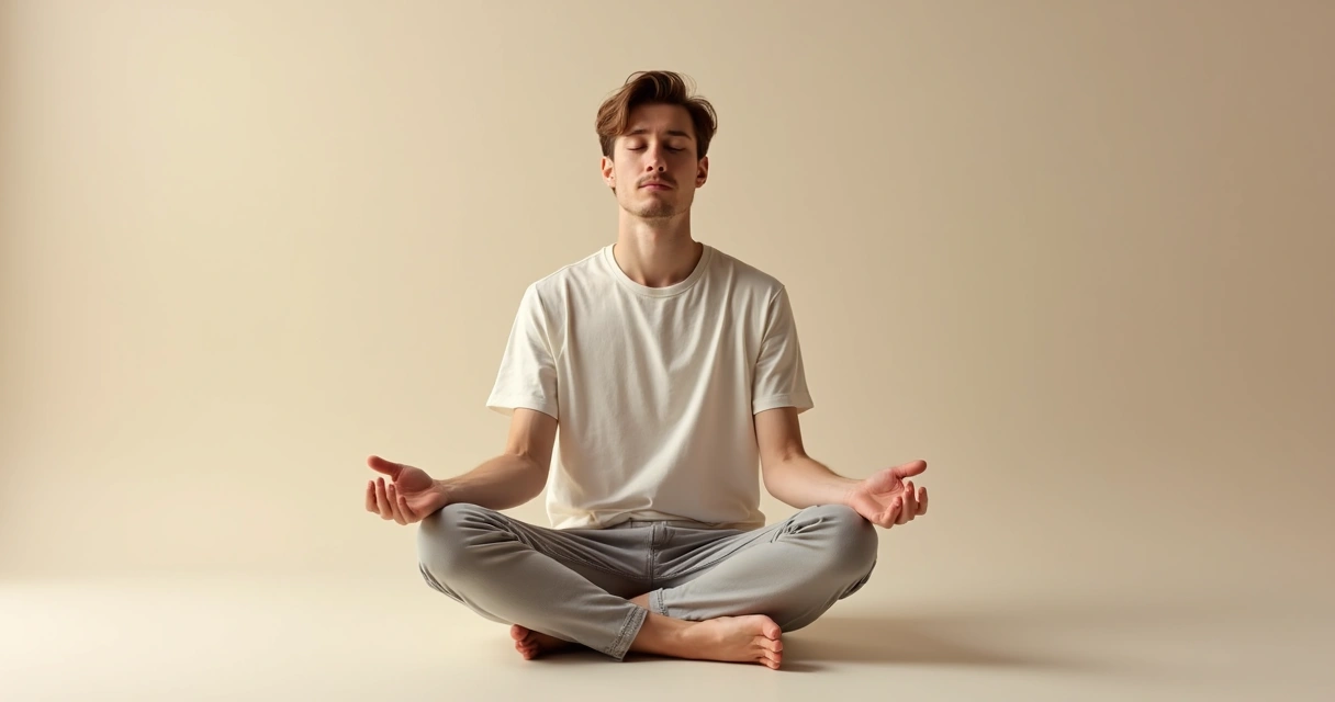 Homem de cabelos castanhos sentado em posição de meditação, olhos fechados, com fundo neutro claro 