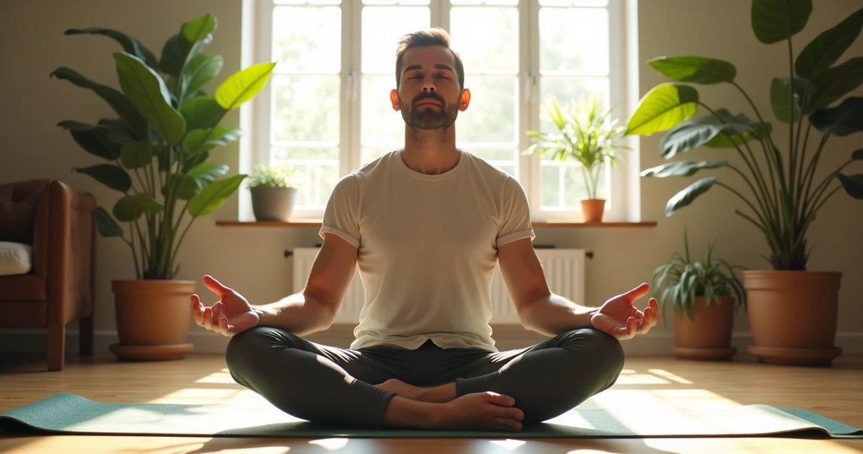Homem praticando meditação e exercício em ambiente tranquilo