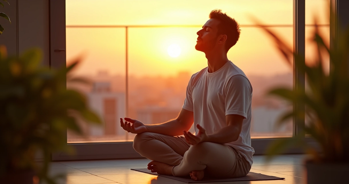 Homem sentado na varanda em posição de respiração consciente 