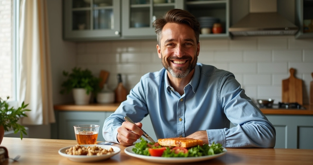 Homem com prato saudável sentado à mesa
