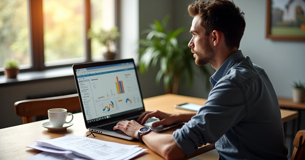 Homem preenchendo simulação de financiamento imobiliário na tela do notebook. 