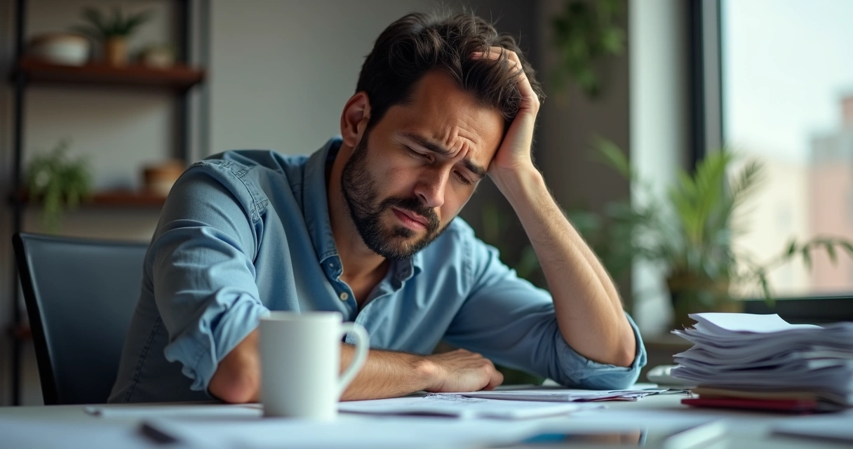 Homem com expressão preocupada sentado em escritório 
