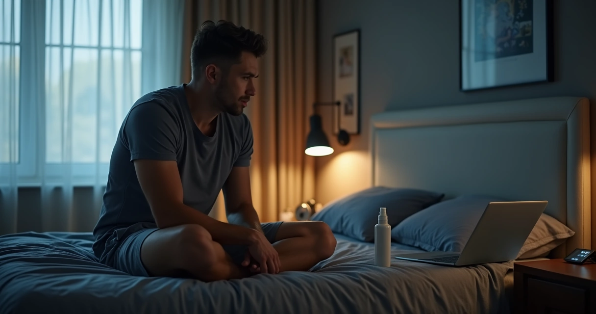 Homem sentado na cama segurando frasco de spray próximo à mesa de cabeceira 