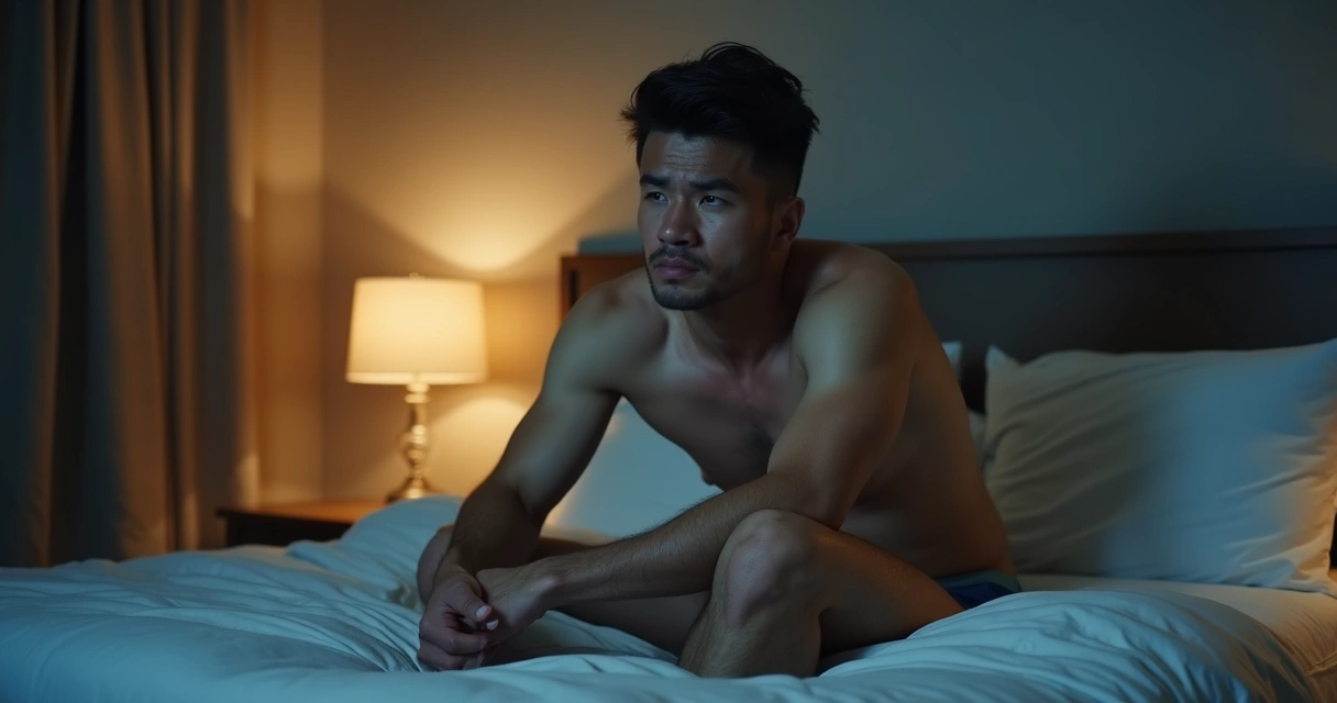 Homem sentado na cama com expressão de preocupação 