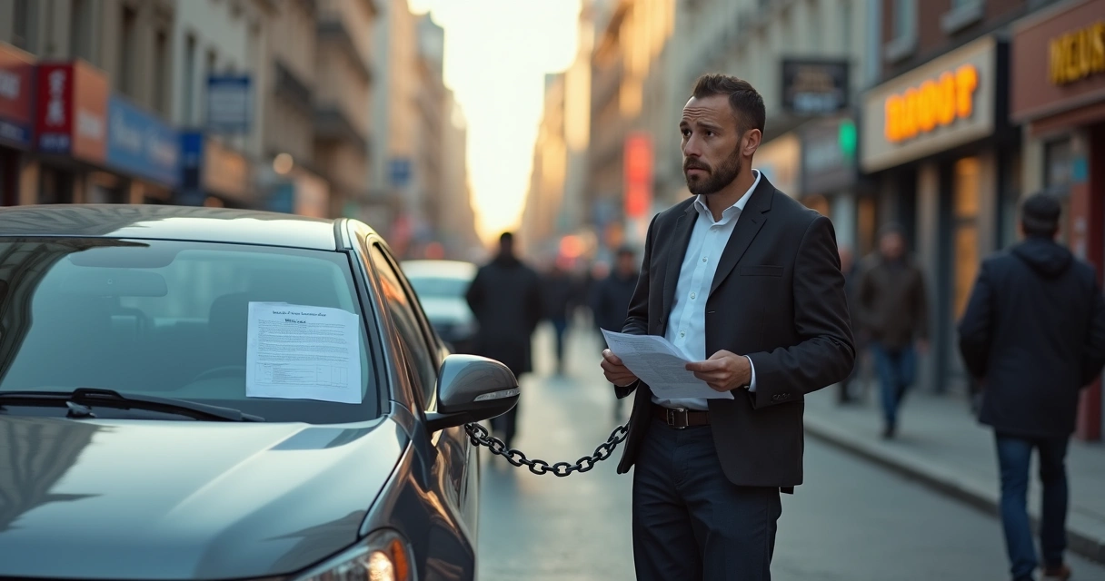 Homem preocupado ao lado de carro bloqueado na rua, com documentos na mão e ambiente urbano ao fundo 