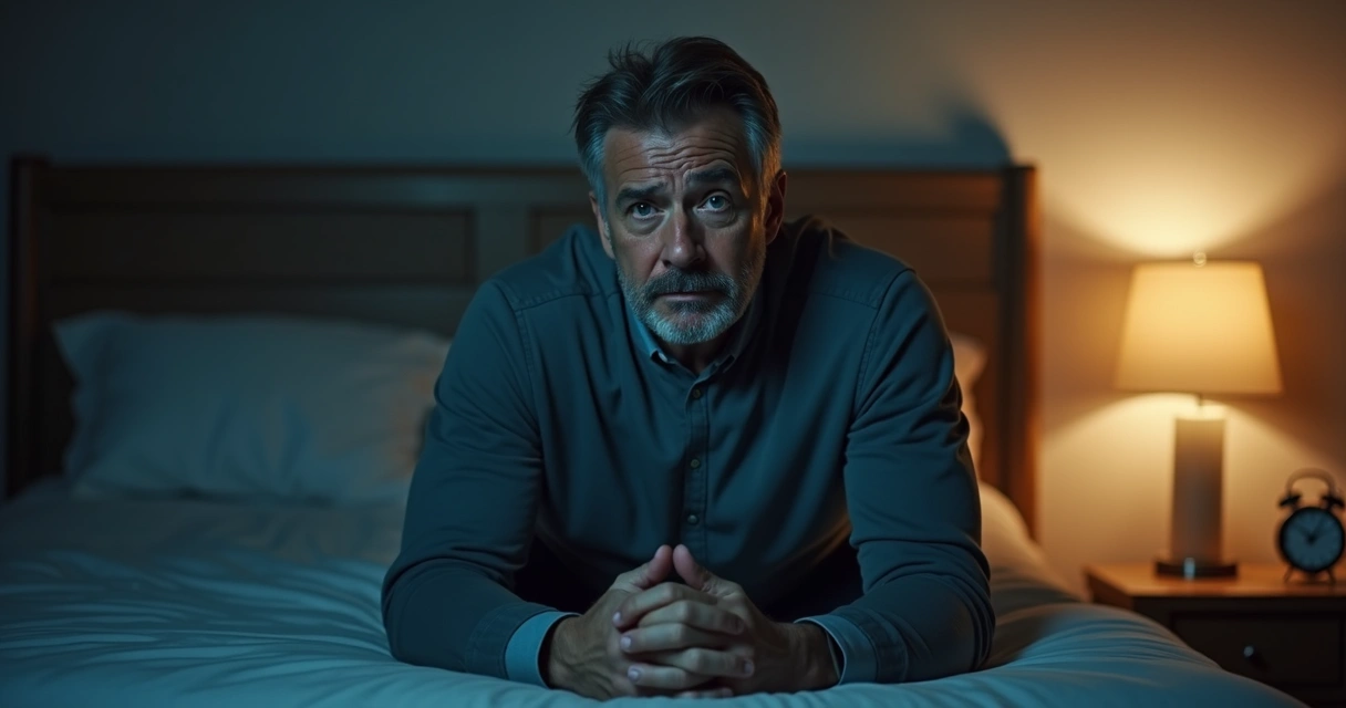 Homem sentado na cama, expressão preocupada 