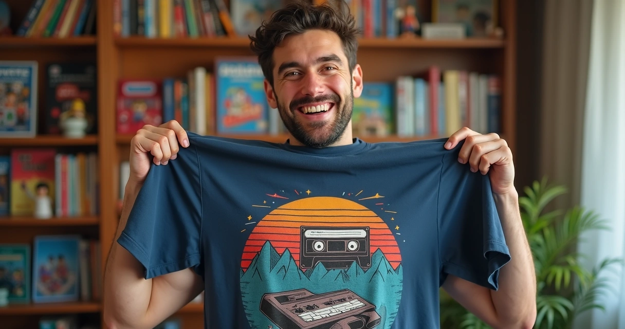 Homem sorrindo segurando camiseta retrô anos 90 