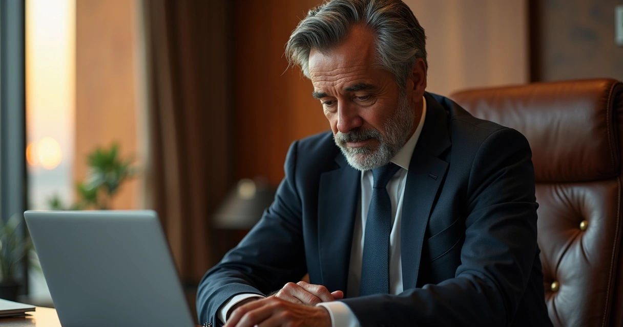 Homem adulto em ambiente sofisticado, sentado à mesa, em pose reflexiva, simbolizando autonomia sexual e controle sob pressão 