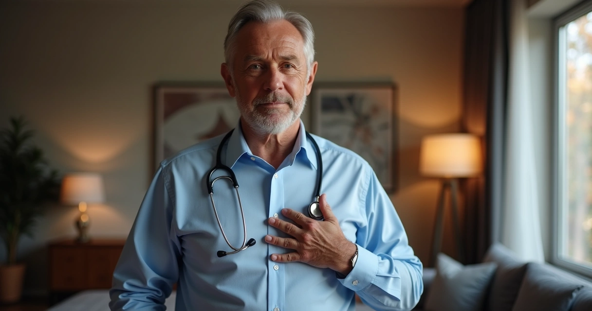 Homem de meia-idade com estetoscópio passando pelo peito, checando batimentos cardíacos 