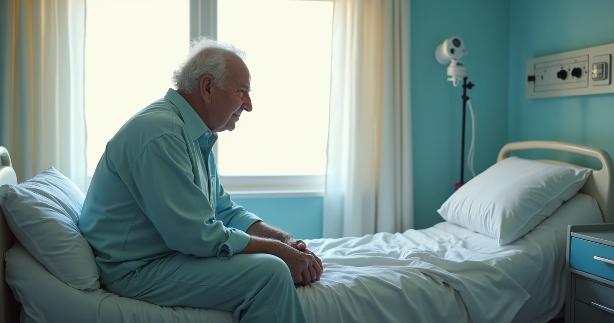 Homem idoso olhando pensativo sentando na beira de uma cama, reflexão