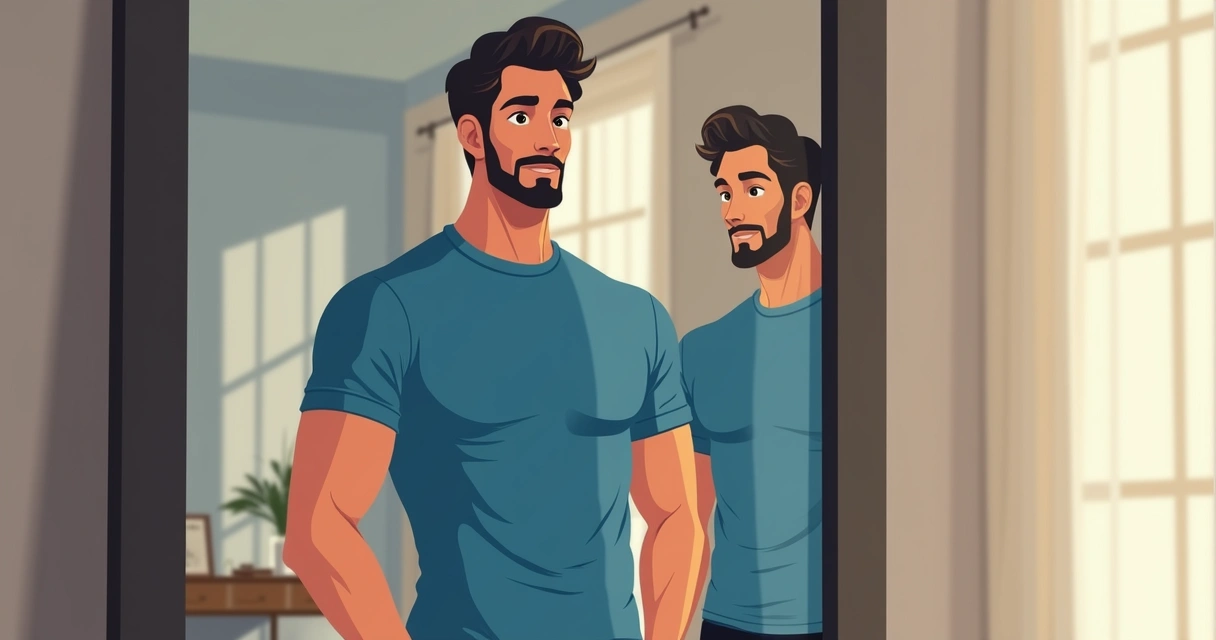 Homem vestindo camiseta ajustada em frente ao espelho