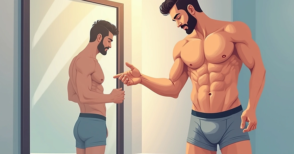 Homem sorrindo provando cueca confortável em frente ao espelho