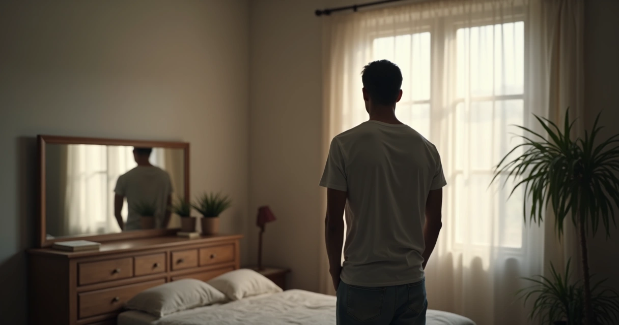 Homem em pé em um quarto olhando para o espelho 