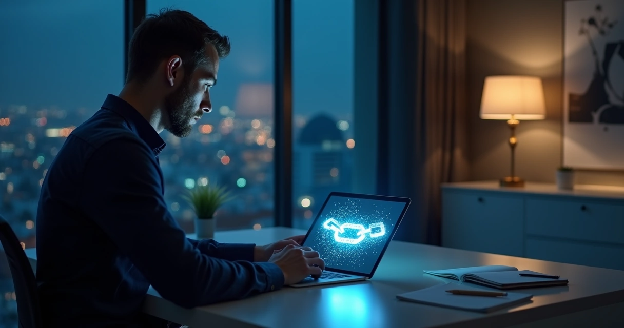 Homem em escritório moderno rompendo corrente digital no tablet 