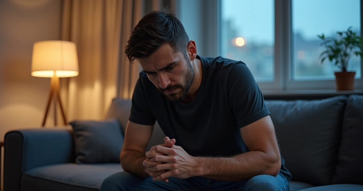 Homem sentado no sofá com expressão de raiva e tristeza olhando para baixo 