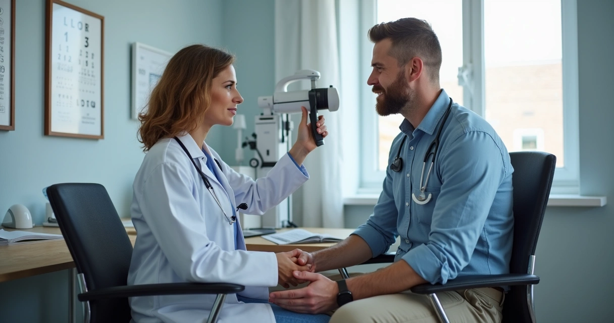 Homem faz exame de audição em clínica para CNH 