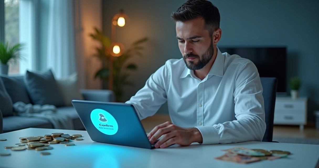 Homem usando tablet para realizar transferência Pix, expressão concentrada