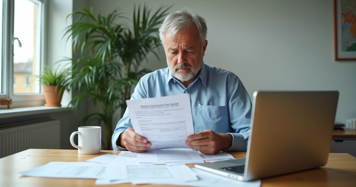 Homem preocupado olhando notificação de erro fiscal 